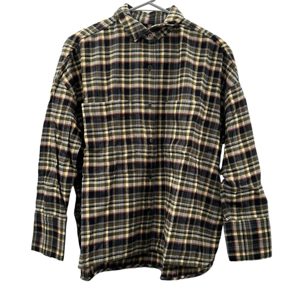 Everlane Boxy‎ Plaid Brown Multicolor Flannel Button Down Shirt Shacket Sz S NEW - Picture 2 of 10